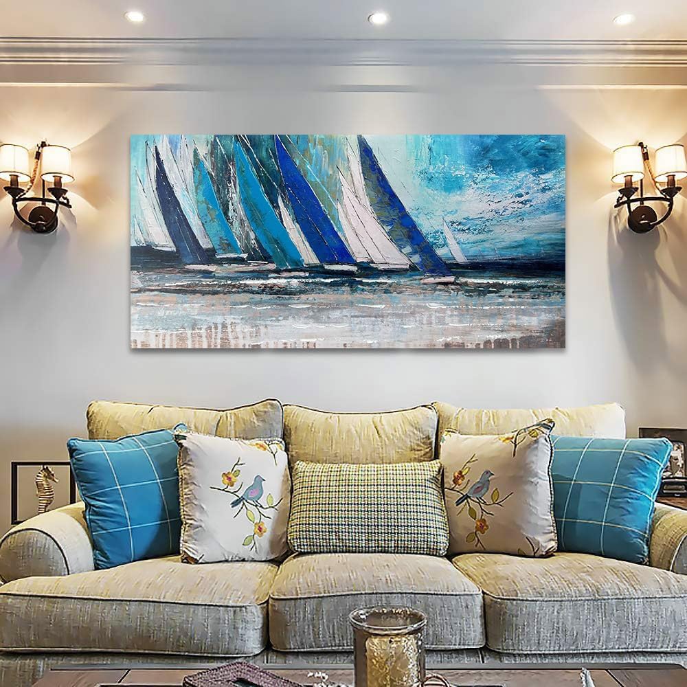 Arjun Blue Abstract Wall Art Canvas Teal Ocean Sailboat Picture Modern Turquoise Coastal Nautical Painting Large 40"x20" Framed Textured Artwork for Living Room Bedroom Bathroom Home Office Wall Decor