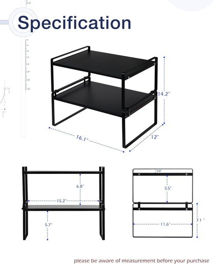 Nxconsu 2Pack Cabinet Shelves Stackable Shelf Organizer Rack Riser for Kitchen Cabinet Pantry Cupboard Counter Countertop Home Organization Storage Space Saver Heavy Duty Metal Nonslip Black Wide