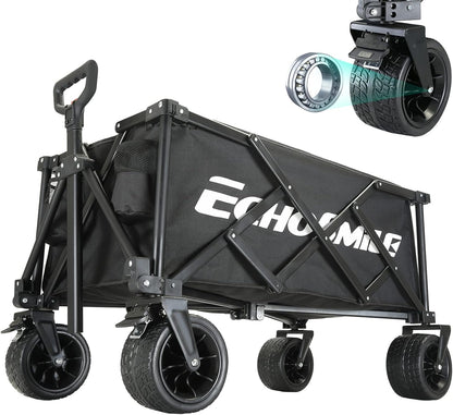 EchoSmile Collapsible Folding Wagon Cart with Compact Storage - 400LBS Capacity All Terrain Utility Cart for Camping, Beach, Grocery, Gardening - Black Outdoor Wagon