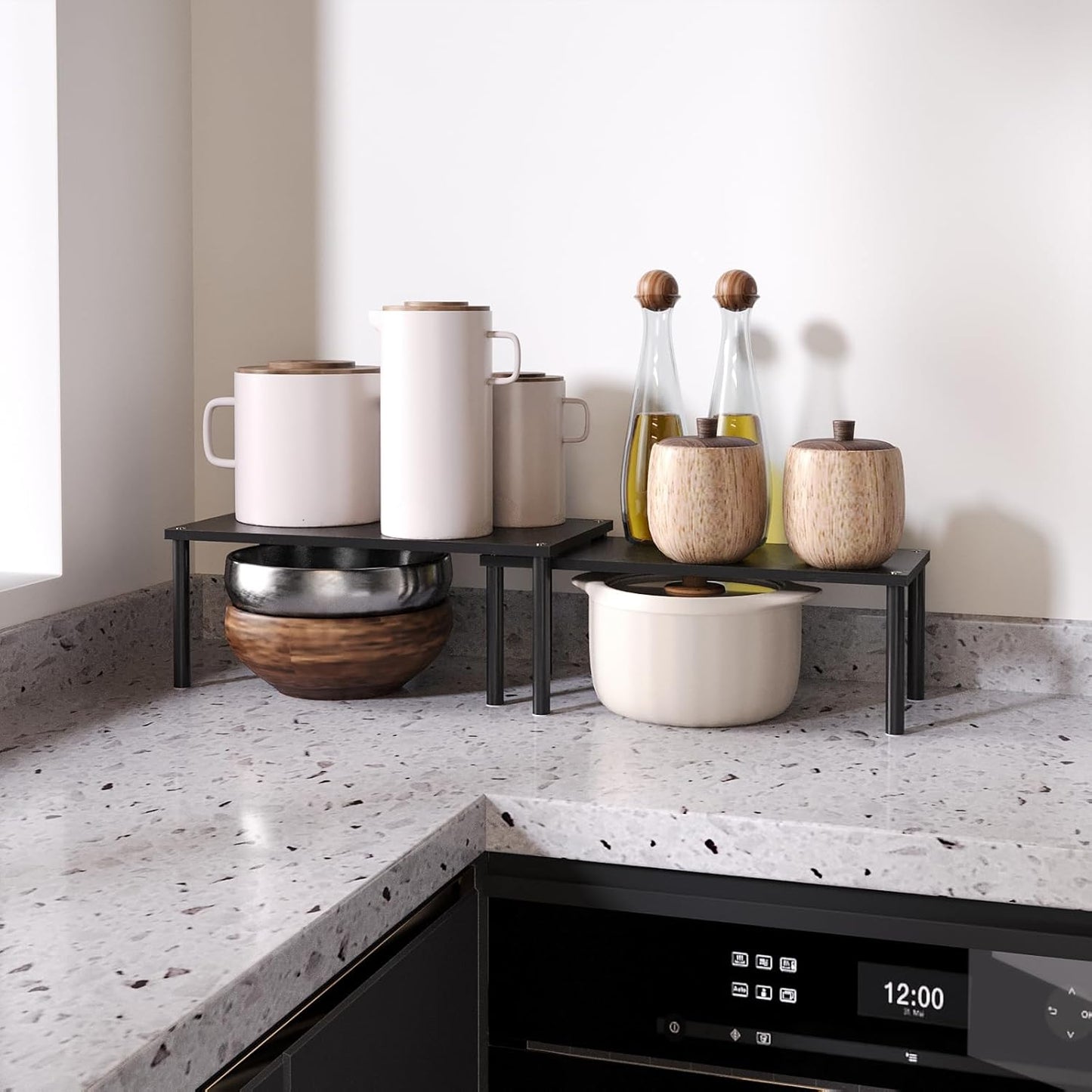 Cabinet Organizer Shelf(Set of 2),Kitchen Counter Shelves,Bamboo Spice Rack Countertop and Cabinet,Stackable Expandable,Large(Black)