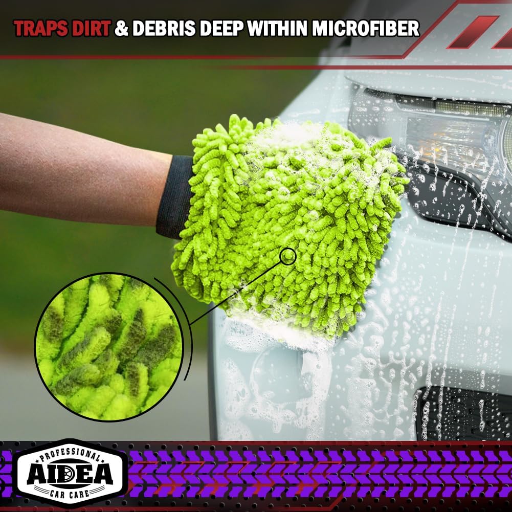 AIDEA Car Wash Mitt Microfiber, 1PK-Scratch-Free& Lint-Free, Premium Chenille Microfiber Mitt Car Wash Brush-Green Regular Size (7.12''X10.14'')