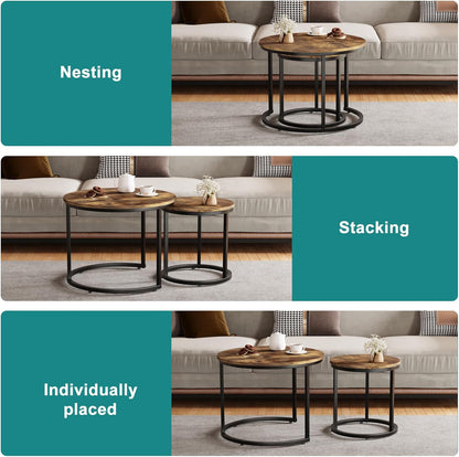 Smuxee Nesting Coffee Table Set of 2, 23.6" Round Coffee Table Rustic Wood Top with Adjustable Non-Slip Feet, Industrial End Table Side Tables for Living Room Bedroom Balcony Yard