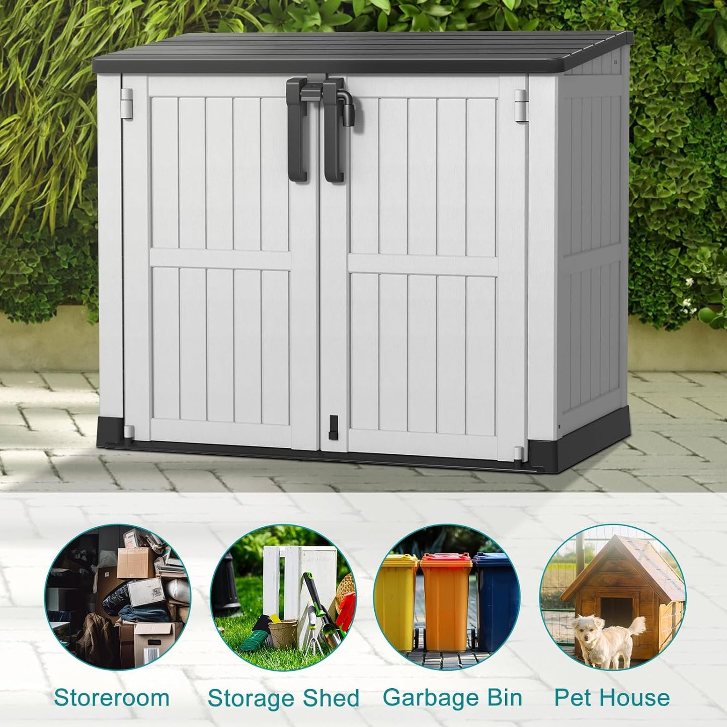 Vixzen 233 Gallon Larger Outdoor Deck Box,Lockable Resin Waterproof Storage Box,UV Resistant,Weather Resistance,Outside Storage Bin for Gardening Tools,Pool Supplies, Black and White
