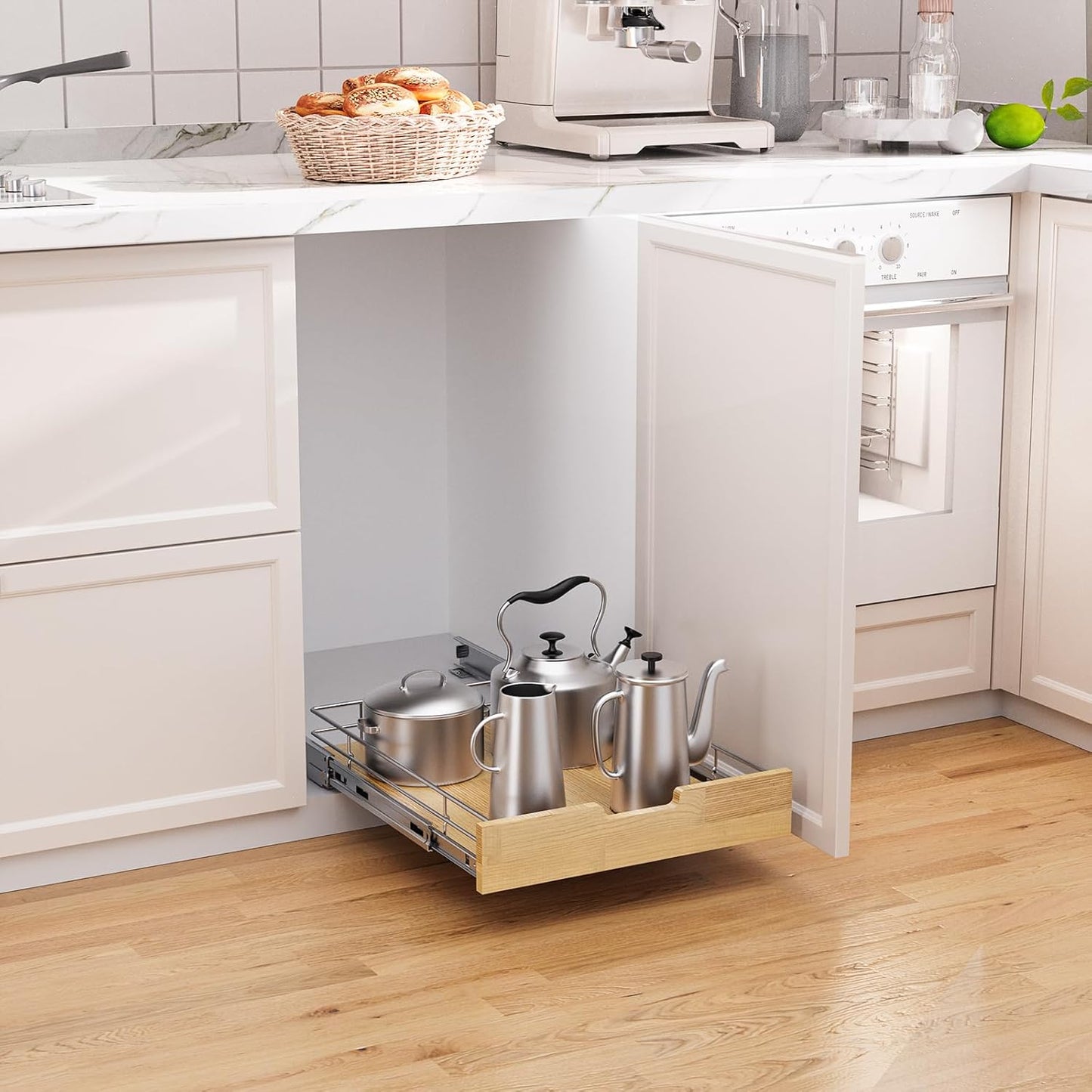 Pull Out Cabinet Organizer,Heavy-Duty Slide Out Shelf, Wood And Wire Basket, Pull Out Drawer for for Kitchen Under Sink Space, Pantry, Bathroom (14 * 21 WM)