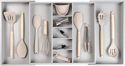 Adjustable Kitchen Drawer Organizer for Utensils and Junk, Food-Safe Contract Grade with 100% Sustainable Wood, Expandable from 19 to 33 Inches Wide - Gray Bamboo