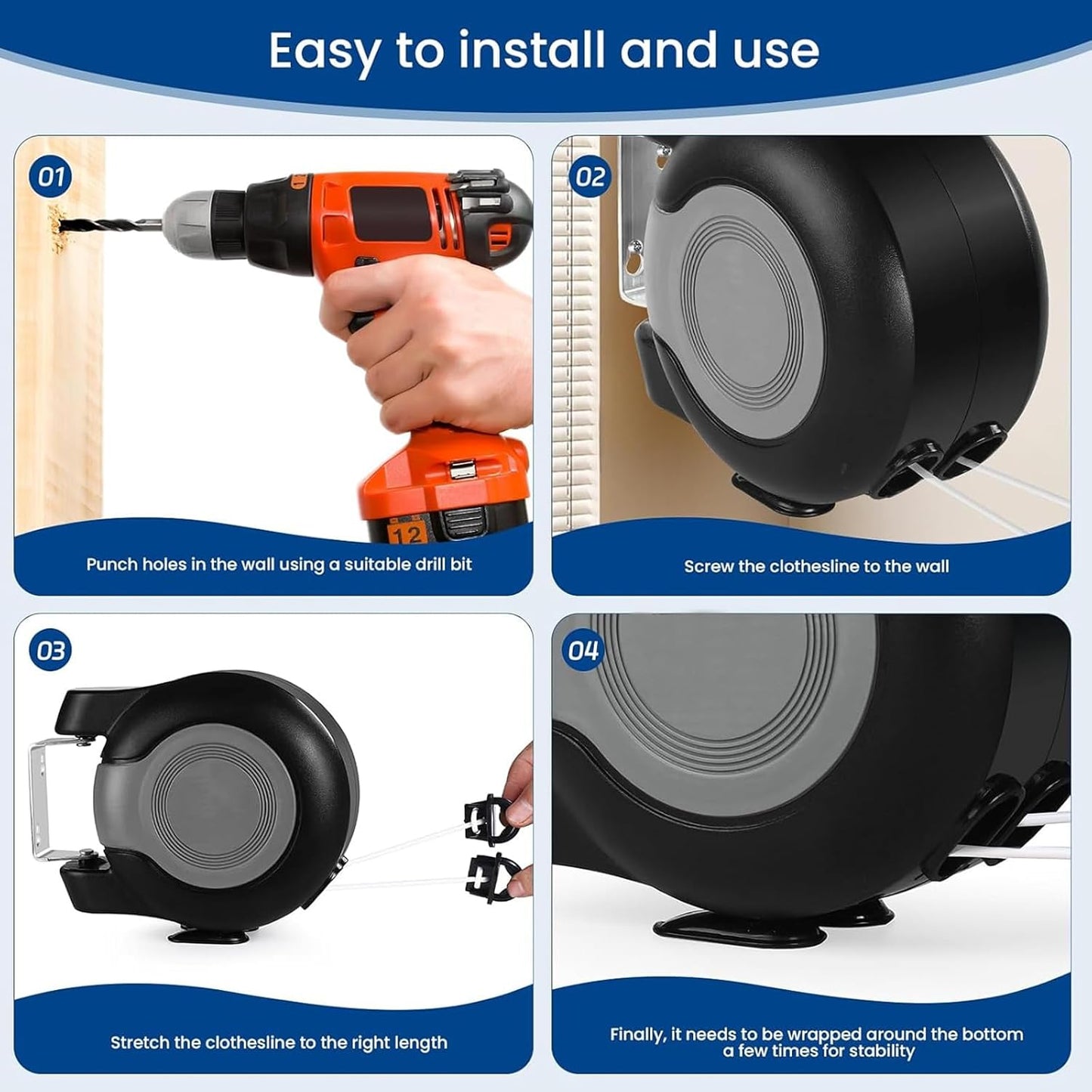 Retractable Double Clothesline – 49 ft x 2 Heavy Duty Clothes Line for Indoor & Outdoor Use, Dual Laundry Line with Easy Installation (Grey Black)