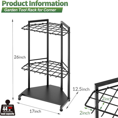 Garden Tool Organizer for Corner - Heavy Duty Metal Rack with 34 Storage Compartments & 14 Hooks for Shovels, Rakes, Long-Handled Tools, Ideal for Garden, Shed, Garage Storage