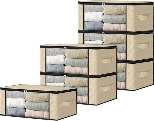 HomeHacks Storage 6-Pack Clothes Organizer Storage Bags Foldable Storage Box with Large Clear Window Sturdy Handles for Closet, Dorm, Pillows, Bedding, Clothes, Blankets, 35L, Beige