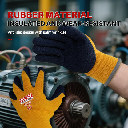 Electrical Insulated Gloves, 500V High Voltage Resistance Electrician Safety Gloves, Rubber Non Slip Work Gloves (500V|Poly-Cotton insulated, Large)