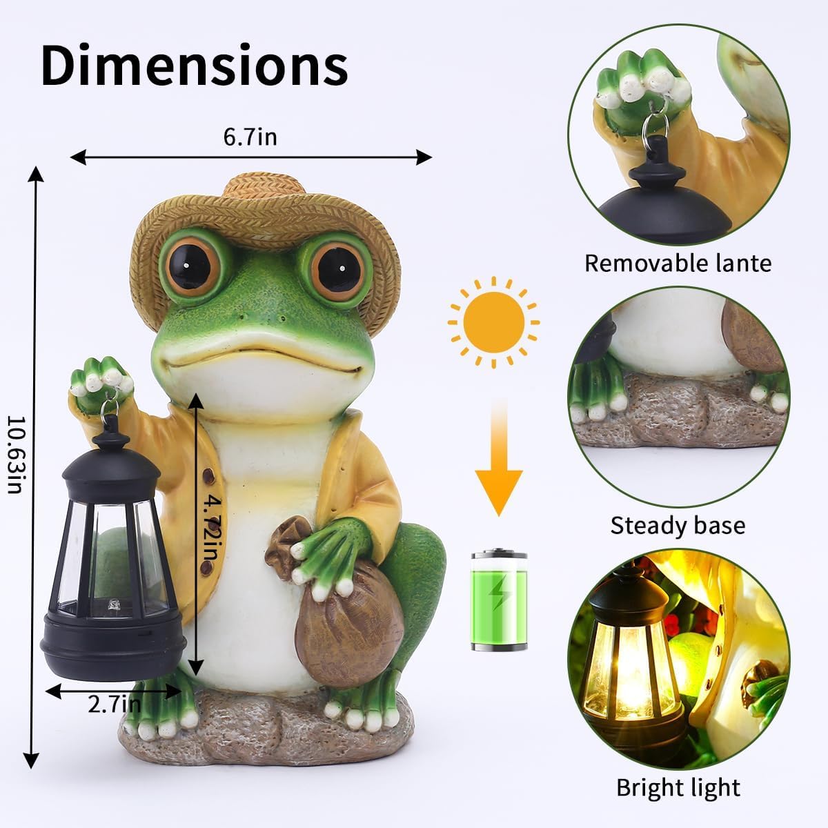 Solar Garden Outdoor Frog Statue 10 inches Tall - with Handheld Lanterns - Detachable - Patio, Balcony, Shelf, Tabletop, Lawn Decoration - Unique Housewarming, Birthday, Thanksgiving, Mom Gifts
