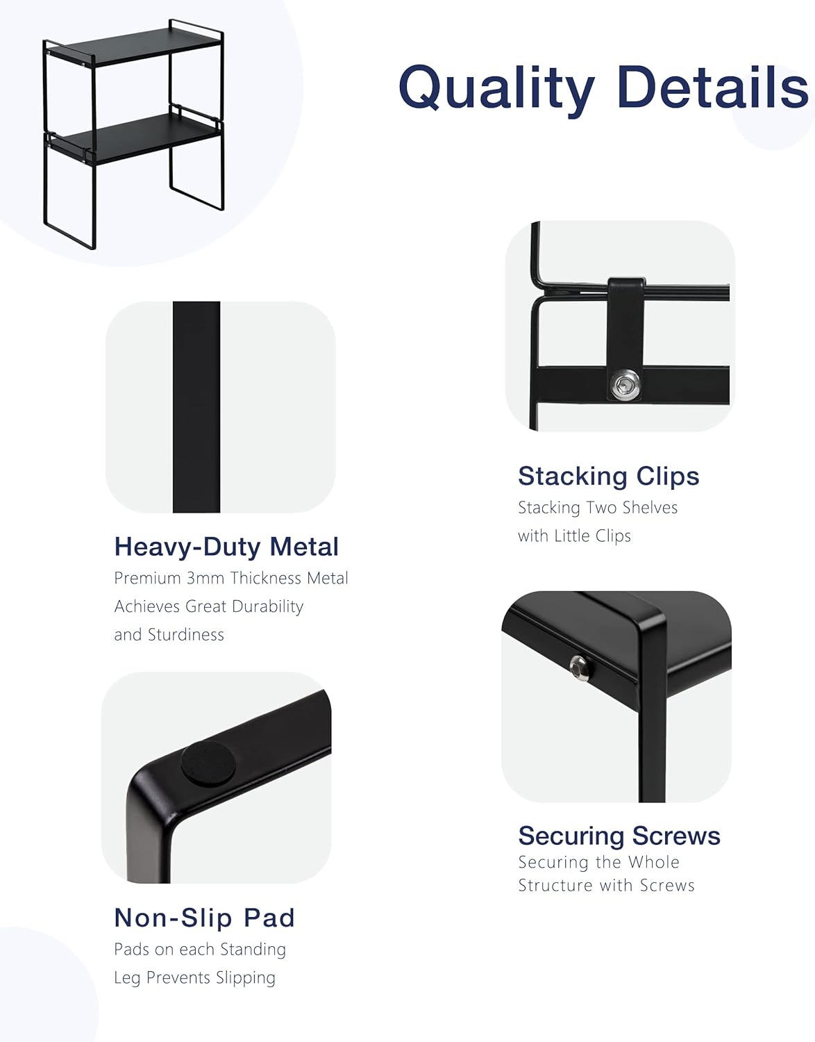 Nxconsu 2Pack Cabinet Shelves Stackable Organizer Rack Riser for Kitchen Cabinet Pantry Cupboard Counter Countertop Home Organization Storage Space Saver Heavy Duty Metal Nonslip Black Tall