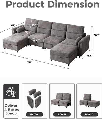 132'' Oversized Modular Sectional Sofa, U Shaped Comfy Sectional Couch with Large Storage, 6 Seat Chenille Deep Seat Cloud Sofa with 2 Throw Pillows for Living Room,Grey