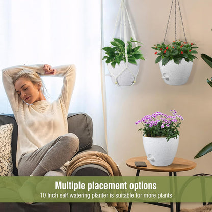 10 inch Self Watering Hanging Planters, 2 Pack Hanging Baskets for Indoor Outdoor Plants, Hanging Flower Pots with Drainage Holes and 2 Kinds of Plant Hangers for Garden Decor, Speckled White