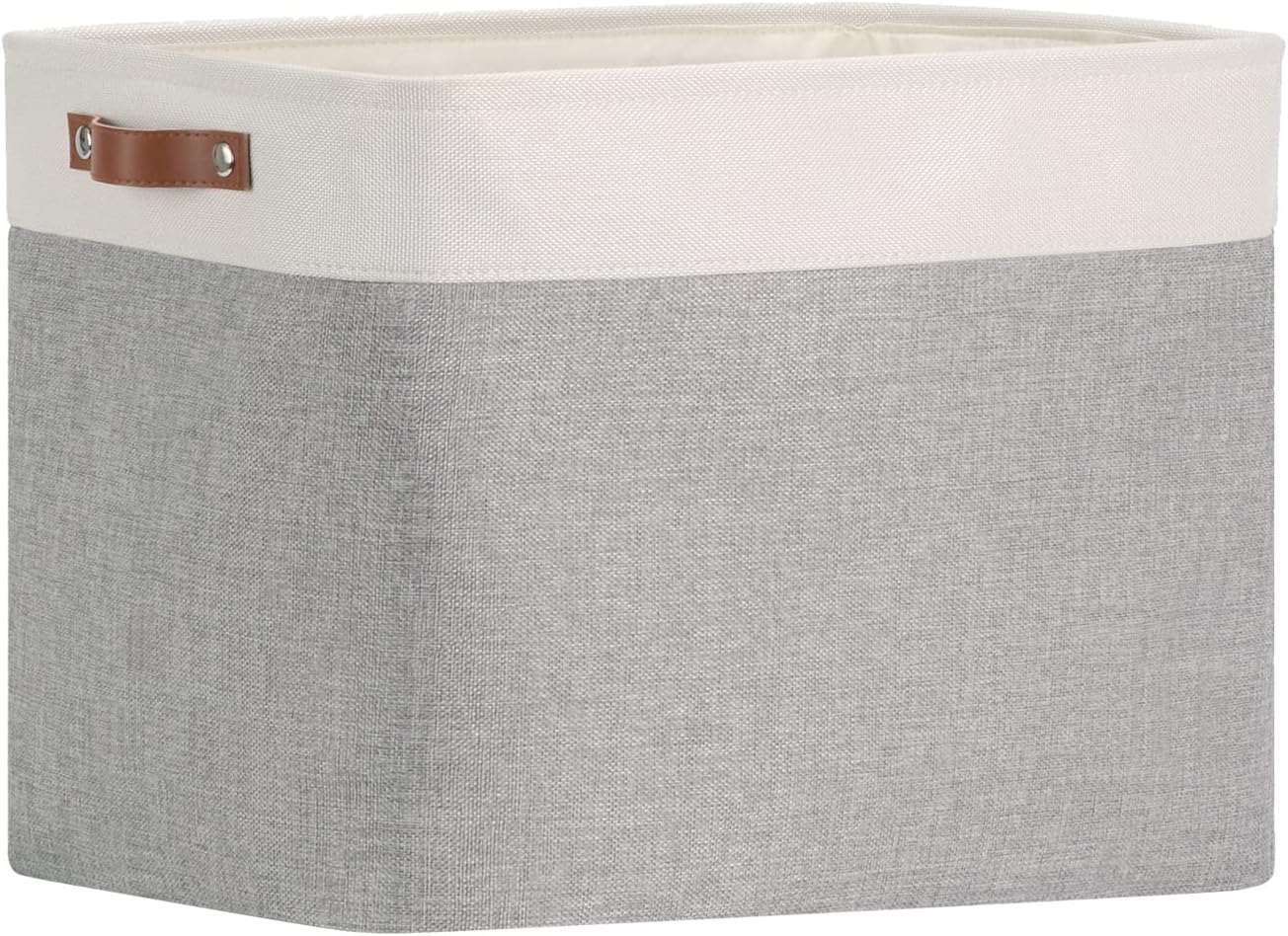 DULLEMELO Storage Baskets Large 16"x12"x12" Tall Rectangular Baskets Fabric Storage Bins for Organizing [1 Pack] Collapsible Linen Shelf Baskets for Clothes, Toys, Closet, Laundry (White&Grey)