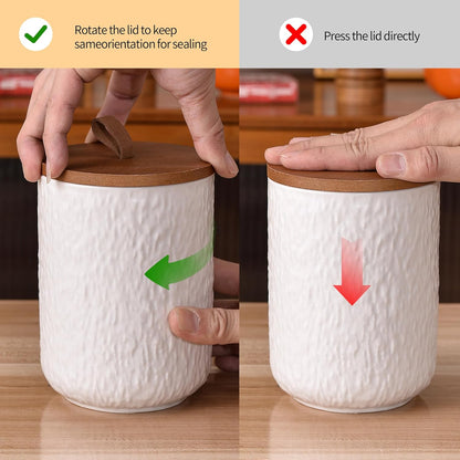 JOJUNO White Ceramic Canister Set with Wooden Lid, 3-Piece Airtight Food Storage Jars for Kitchen Counter - Flour, Sugar, Coffee, Tea, Spice - Small, Medium, Large Sizes - Stone Texture