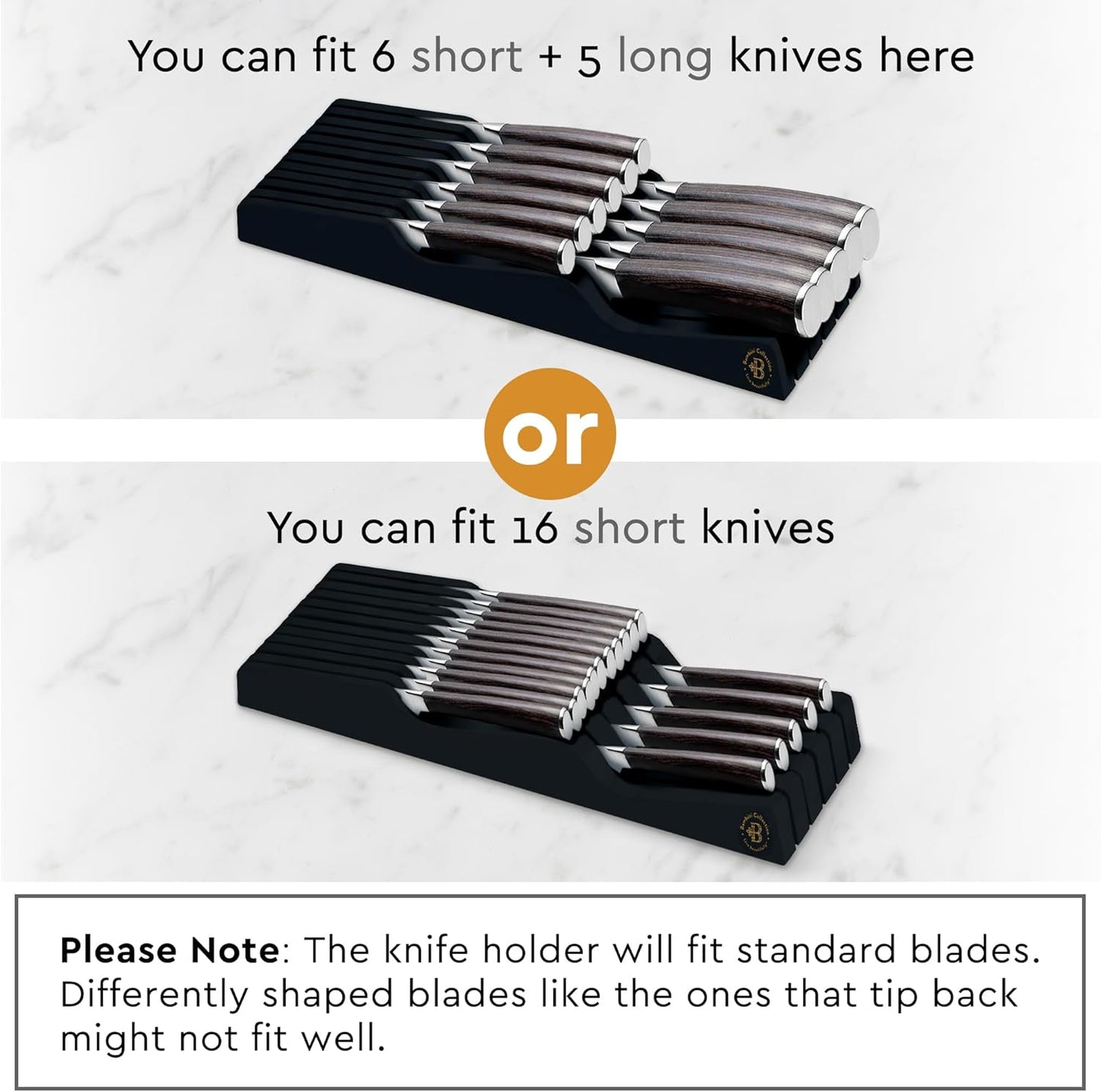 In-Drawer Knife Block - Bamboo Knife Drawer Organizer for Kitchen - Fits 5 Long + 6 Short Knives | Store Knives with Blades Pointing Down - Wooden Steak knife Holder without Knives (Black)