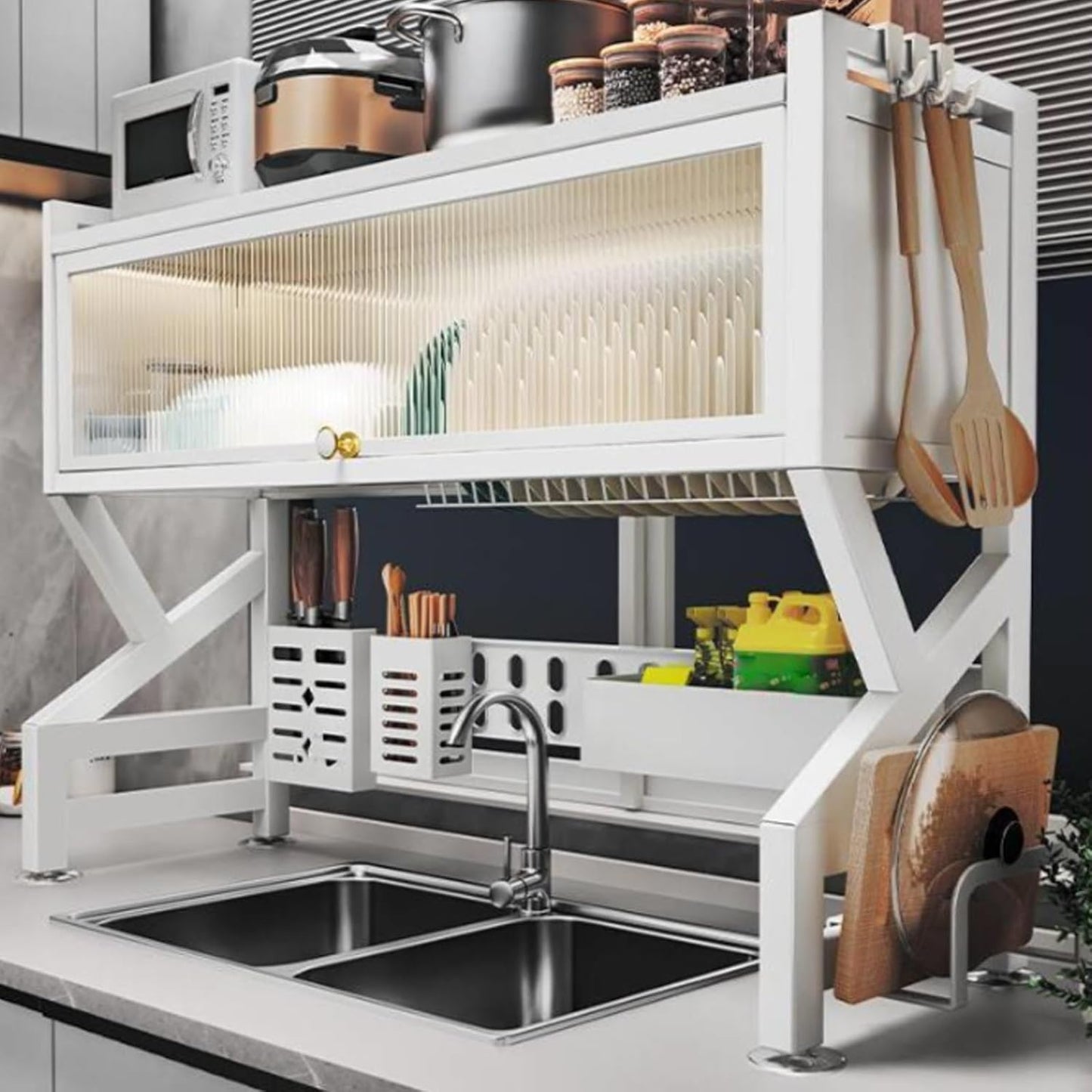 Kitchen sink rack dishwashing sink countertop dustproof cupboard storage multifunctional tableware storage drain rack double layer,KeepKitchen Sink Shlef Organized Space-Saving(White,65cm/25.6in)