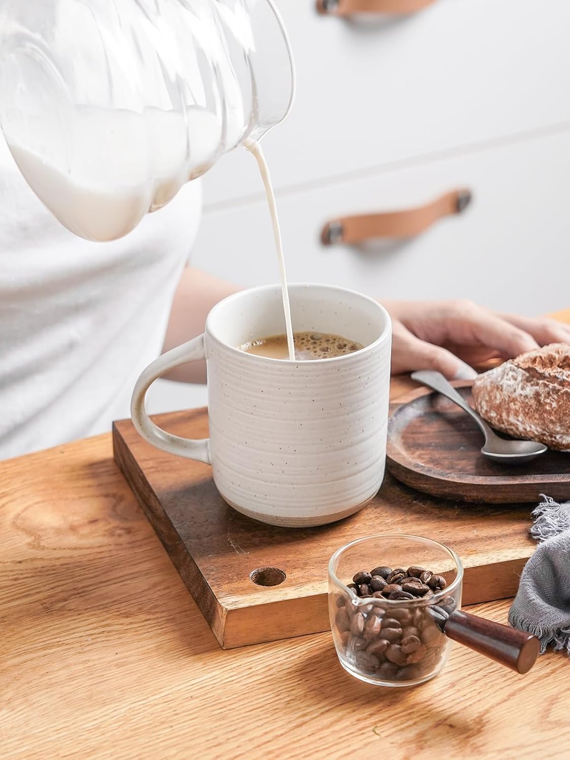 Kanwone Coffee Mugs 16oz, Stoneware Mugs Set, Ceramic Coffee Cups with Handle for Latte, Hot Tea, Cappuccino, Cocoa, Housewarming Wedding Gift, Microwave and Dishwasher Safe, Set of 6, Neutral White