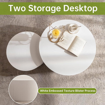 Round Nesting Coffee Table Modern White Fluted Coffee Table Set of 2 Stripe Round Coffee Tables Drum Crescent Side Table Accent End Table for Living Room (White A Small)
