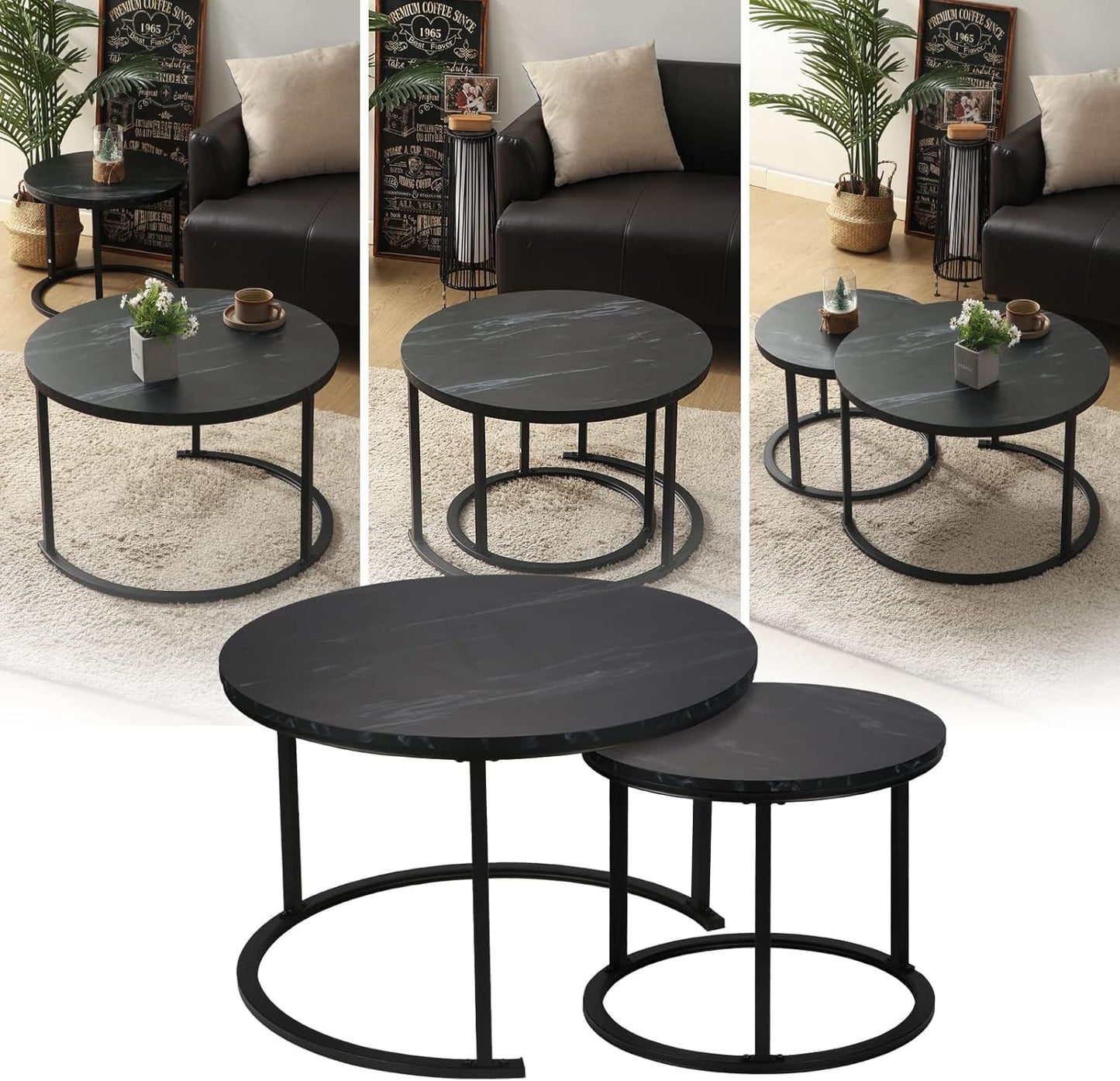 Round Modern Nesting Coffee Table Set of 2,Waterproof Faux Marble Wood Top & Metal Frame and Easy Assembly for Living Room,Office,Balcony (Black+Black