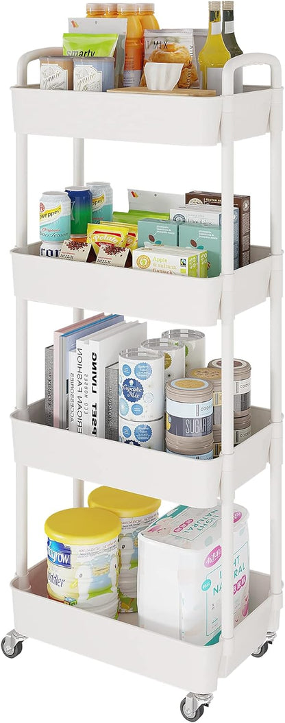 Laiensia 4-Tier Storage Cart,Multifunction Utility Rolling Cart Kitchen Storage Organizer,Mobile Shelving Unit Cart with Lockable Wheels for Bathroom,Laundry,Living Room,With Classified Stickers,White