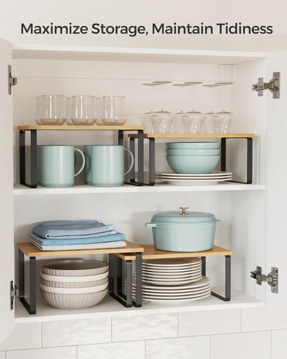 SONGMICS Cabinet Organizer Shelf, Set of 2 Kitchen Counter Shelves, Kitchen Storage, Spice Rack, Stackable, Expandable, Metal and Engineered Wood, Ink Black and Natural Beige UKCS02NB