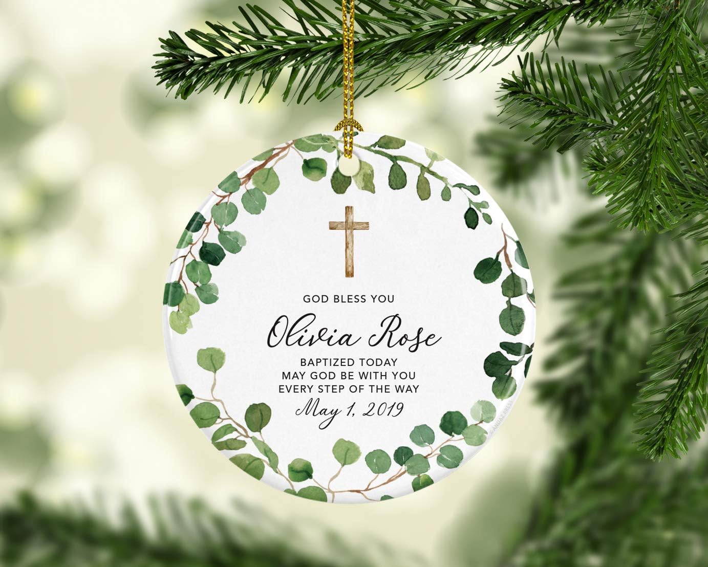 Andaz Press Personalized Round Ceramic Porcelain Christmas Ornament Gift, God Bless You Olivia Rose Baptized Today, Farmhouse Eucalyptus Wreath, 1-PackCustom Christening Gift Ideas