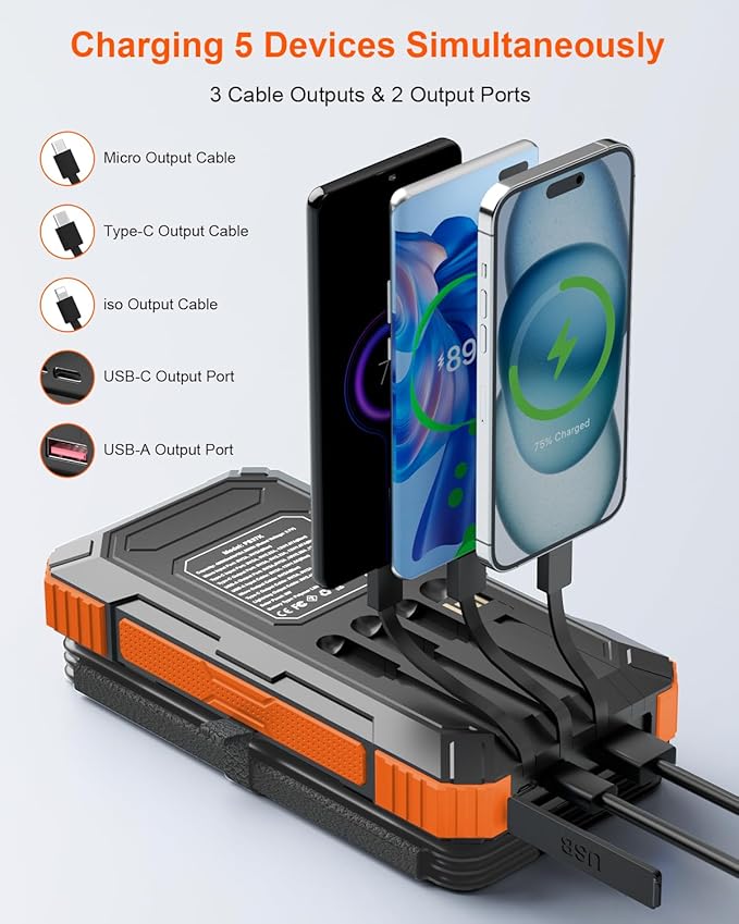 Solar Charger Power Bank 49800mAh with 4 Built-in Cables & 4 Foldable Panels, PD22.5W Fast Portable Phone Charger, External Battery Pack with USB-C in/Output & Flashlight for Outdoor Camping