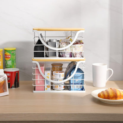 Extra Large Trash Bag Holder Stackable Kitchen Storage White, 2 Pack Wall Mounted Pantry Organizers and Storage with Bamboo Top, Garbage Bag Dispenser Under Sink for Laundry Room and Kitchen