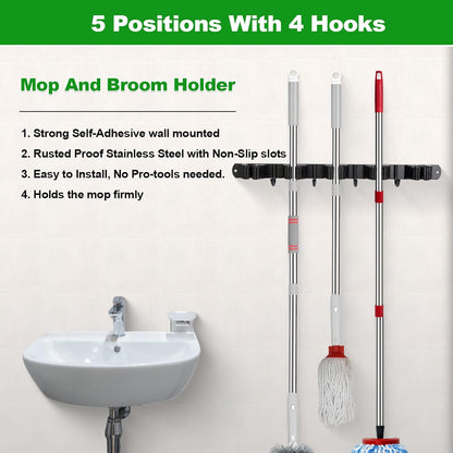 voze 5 Racks and 4 Hooks Mop and Broom Holder Wall Mount, Self Adhesive Heavy Duty Broom Hanger Organizer Storage Tool Racks for Kitchen Garden Laundry Garage Black