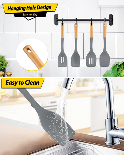 Pack of 4 Silicone Kitchen Utensils Set, Non Stick Solid Spatulas and Heat Resistant Slotted Spoons with Wooden Handle, Ideal BPA Free Cooking Utensils for Mixing,Serving,Turning,Stirring(GRAY)