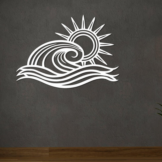 Wita Home Ocean Wave Metal Wall Art, Sun Beach Decor, Coastal Large Wall Sculpture for Home, Indoor/Outdoor Use, Nautical Wall Hanging, Eye-Catching Addition to Living Room (White, 32 x 19 inches)