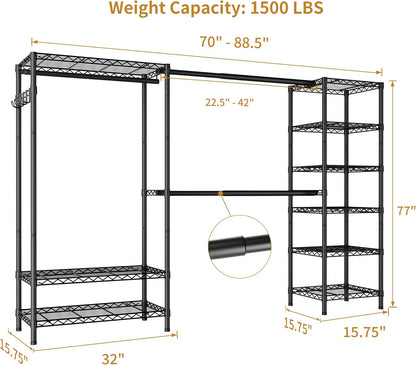 Expandable Heavy Duty Garment Rack Clothes Rack,Large Metal Closet Organizer System Storage Wardrobe,Freestanding Clothing Rack with 9 Adjustable Wire Shelves&3 Hang Rods,MaxLoad 1500lbs