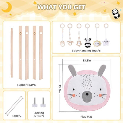 Wooden Play Gym with Mat, Foldable Baby Activity Gyms for Infants Newborn Baby Girl and Boy, Tummy Time Baby Infant Toys 0-6 6-12 Months (Rabbit)