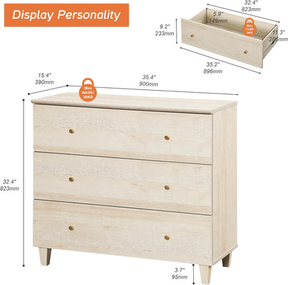 WAMPAT Bedroom Dresser with 3 Drawers, 35.4" Wide Wood Kids Dressers, Chest of Drawers, Modern Closet Organizer Bachelors Chest w/Solid Wood Legs for Living Room, Baby Room, Nursery, Light Oak