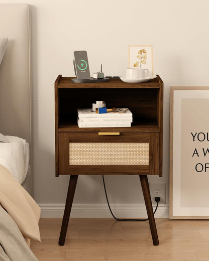 Rattan Nightstand with Outlet,Modern Bedside Table with Storage Drawer and Open Wood Shelf, for Living Room, Bedroom and Small Spaces, Accent Night Stand with Solid Wood Legs,Walnut Brown