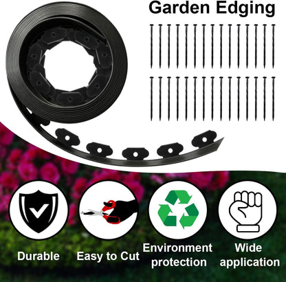 Landscape Edging, 33ft x 4inch Tall Plastic Garden Edging Border with 30 Spikes, Lawn Edging for Landscaping Flower Bed, Yard, Patio-Black