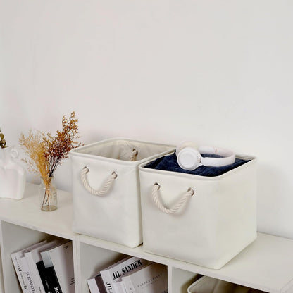 11 x 11 Inch Storage Cubes, 6 Pack Large Collapsible Fabric Storage Bin with Ropes, Foldable Storage Cubes for Home, Office,Closet, Clothes, Toys Organizer (White)