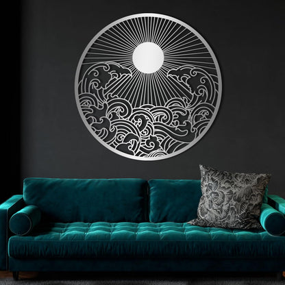 flyoak Metal Sun Wall Decor Outdoor, Sunrise Metal Wall Art, Metal Wave Wall Art, Sunrise and Wave Wall Decor, Sunburst Wall Art, Sunset Wall Art, Wall Hangings for Bedroom (Black, 19x19in|47x47cm)