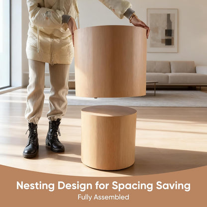 Nesting Round Coffee Table Set of 2, Small Circle Accent End Table for Small Spaces, Morden Drum Side Table, Wooden Center Table for Living Room, Fully Assembled - Natural