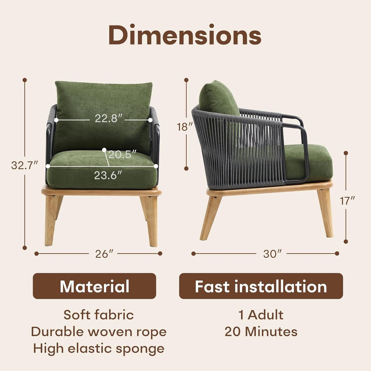 ANJ Accent Chair,Mid-Century Modern Reading Chair with Braid Armrests, Armchair for Living Room Bedroom Outdoor