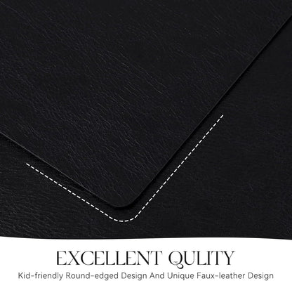 MOSAYT Vinyl Placemats Set of 6-12 X 17 Inch - Faux Leather 100% Waterproof Oil-Proof Wipeable PU Place Mats, Heat Resistant Reversible Table Mats for Kitchen, Dining, Outdoor (Black)