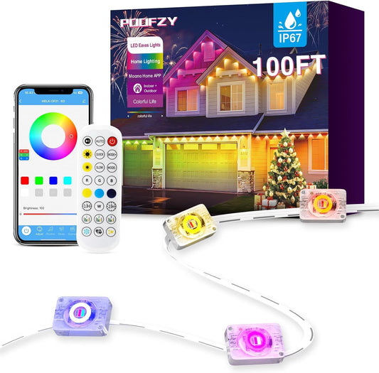 POOFZY Permanent Outdoor Lights for House, 100ft RGB+IC Smart Outdoor Decor, 50 Scene Modes, App/Remote Control, IP67 Waterproof, for Christmas, Holiday, Daily & Pool Party Decor, House Roof Lighting