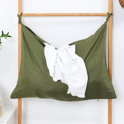 Hanging Linen Laundry Bag, 100% Pure Flax Linen Over The Door Hamper with Bottom Zipper for Laundry Room, Household Dirty Cloth Storage Organizer Bag, Army Green