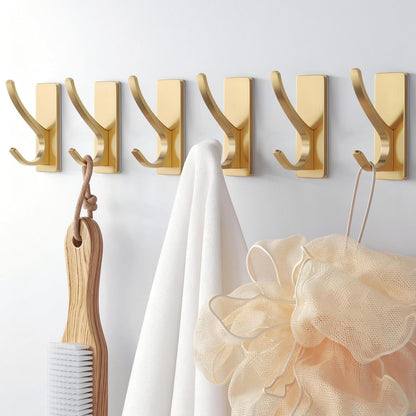 pickpiff Self Adhesive Coat Hooks for Hanging, Heavy Duty Stainless Double Wall Hook for Towel, Backpack, Hat, Sturdy Metal Hanger for Bathroom, Bedroom, Door, Wall Mounted, 6-Pack, Brushed Gold