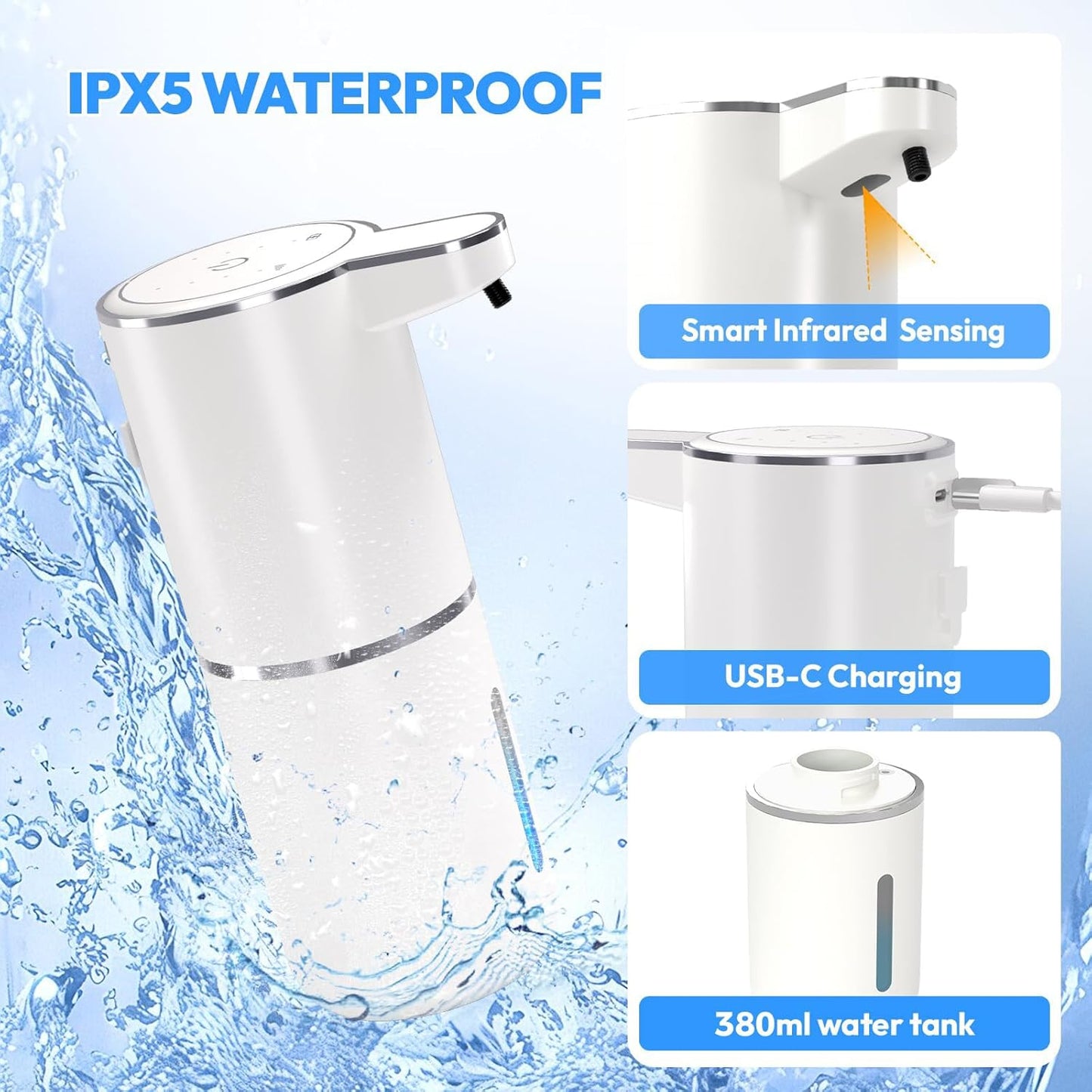 Automatic Soap Dispenser Touchless,Liquid Hand Soap Dispenser 12.8oz USB 4levels Adjustable Dispenser Electric Wall Mounted Smart for Bathroom and Kitchen Dish Soap，Easy for Toddlers(White)