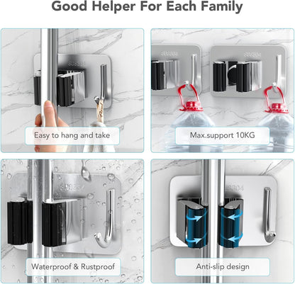 Mop Broom Holder No Drill, Mop Broom Organizer Wall Mounted Heavy Duty with Hooks Hanger, Self Adhesive Stainless Steel 4Pcs for Bathroom, Kitchen, Office (Multicolor)