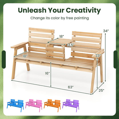 Tangkula Outdoor Fir Wood Bench with Foldable Middle Table, 2-3 Person Garden Bench with Backrest and Armrests, 710 lbs Weight Capacity, Slatted Seat Bench for Porch, Patio, Backyard