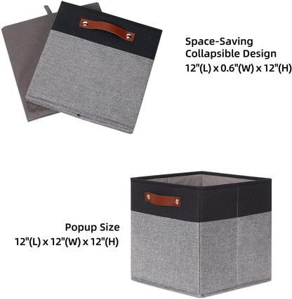 HNZIGE Cube Storage Baskets,Fabric Storage Cubes 12 x 12, Set of 4,Decorative Storage Baskets for Organizing with Handles,Closet Bins for Shelf Organizer Home Toy Nursery Closet(Black Gray)