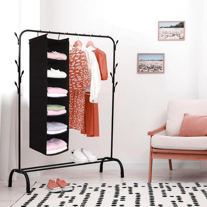 MAX Houser 6 Tier Shelf Hanging Closet Organizer, Closet Hanging Shelf with 2 Sturdy Hooks for Storage, Foldable (Black)